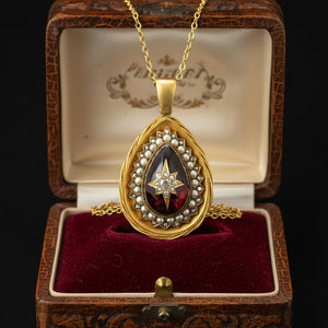 Antique 15K Gold Cabochon Garnet Pearl Halo Diamond Star Pendant - Boylerpf