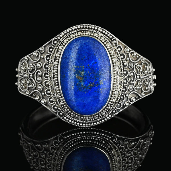 Antique Silver Wide Etruscan Canneille Lapis Lazuli Bracelet