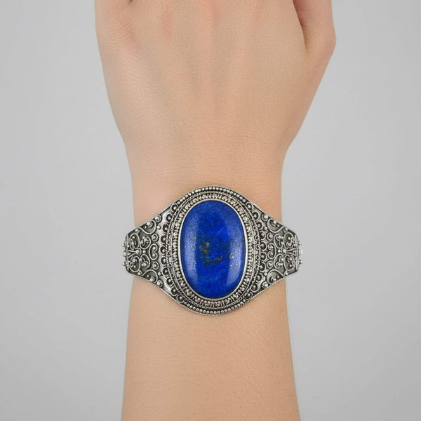 Antique Silver Wide Etruscan Canneille Lapis Lazuli Bracelet
