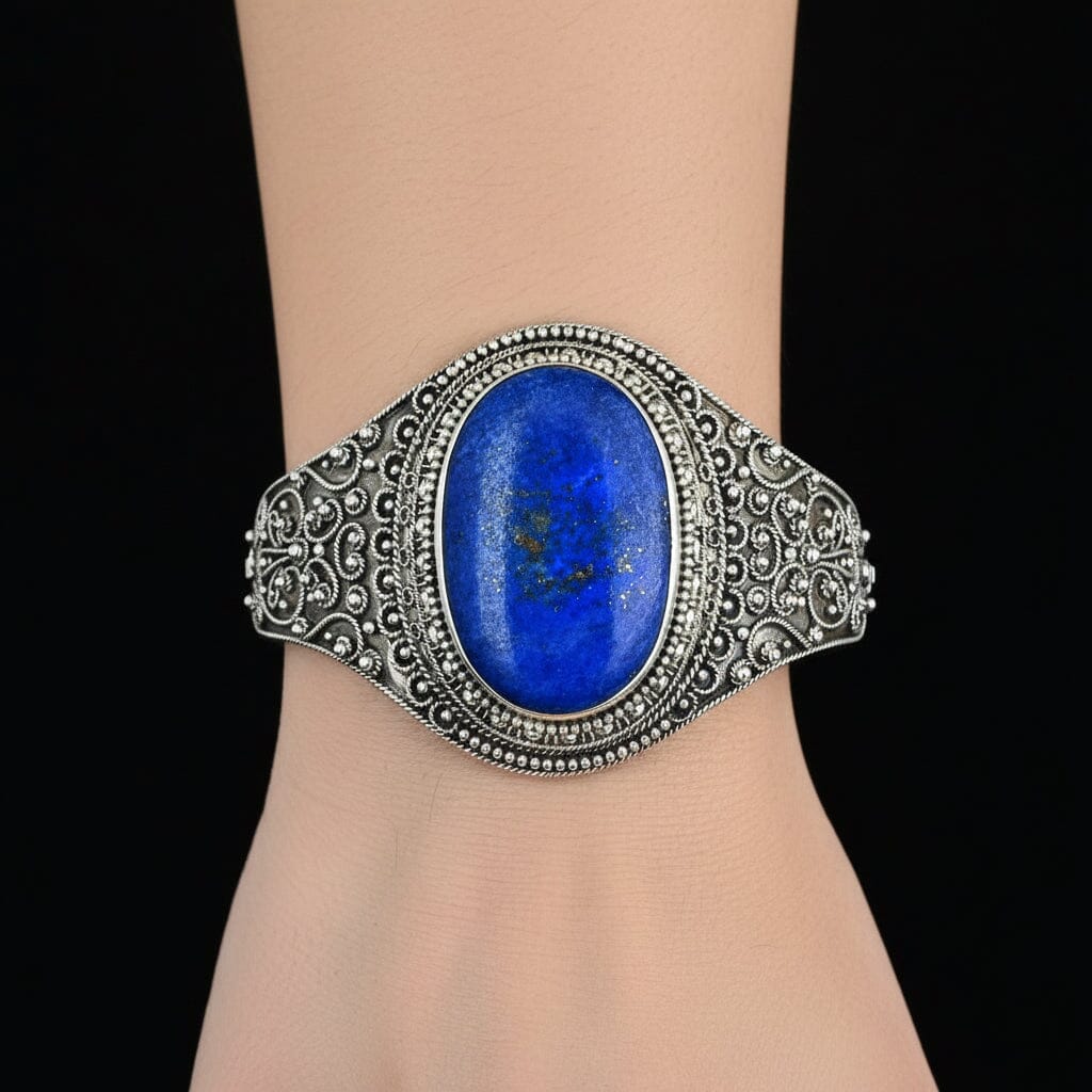 Antique Silver Wide Etruscan Canneille Lapis Lazuli Bracelet