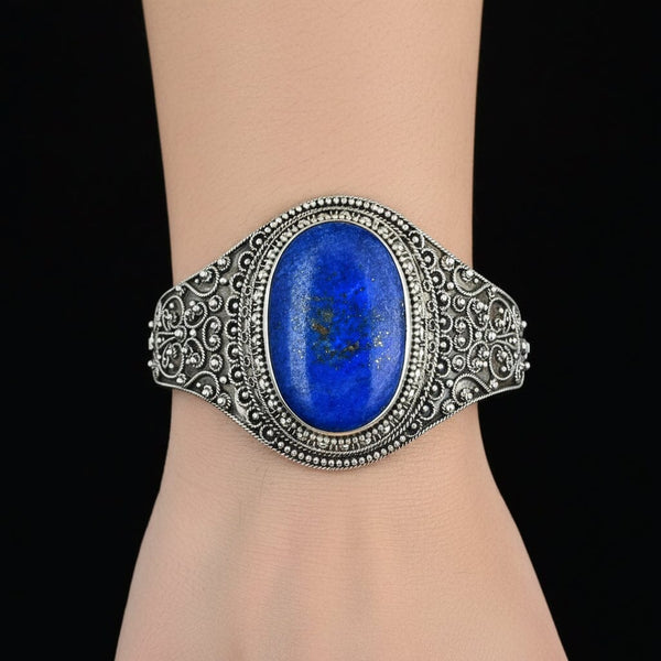 Antique Silver Wide Etruscan Canneille Lapis Lazuli Bracelet