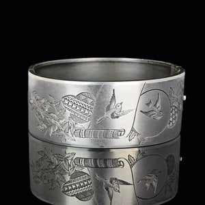 Antique Victorian Swallow Engraved Silver Bangle Bracelet - Boylerpf