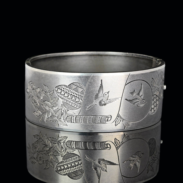 Antique Victorian Swallow Engraved Silver Bangle Bracelet - Boylerpf