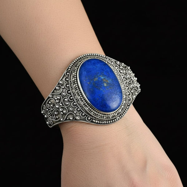 Antique Silver Wide Etruscan Canneille Lapis Lazuli Bracelet