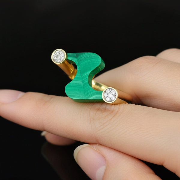 14K Gold Malachite Diamond Modernist Cocktail Ring