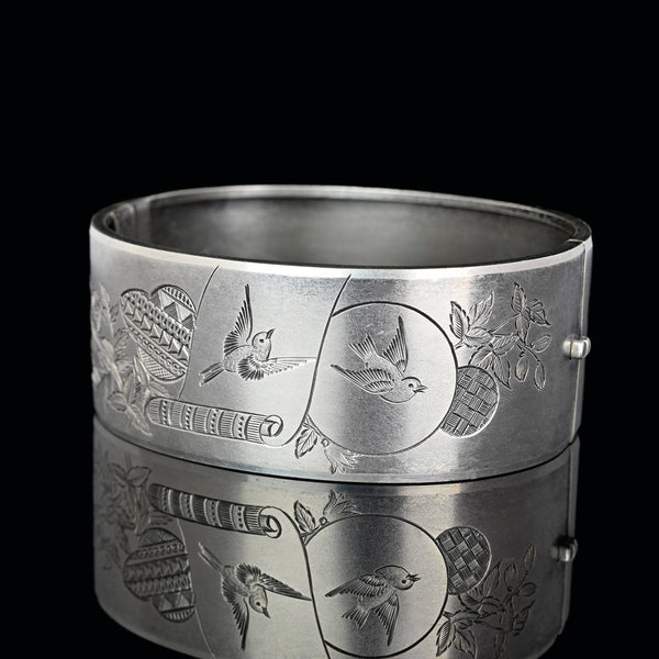 Antique Victorian Swallow Engraved Silver Bangle Bracelet - Boylerpf