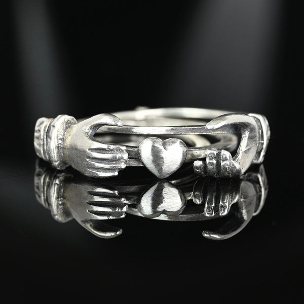 Sterling Silver Heart Interlocking Claddagh Fede Gimmel Ring
