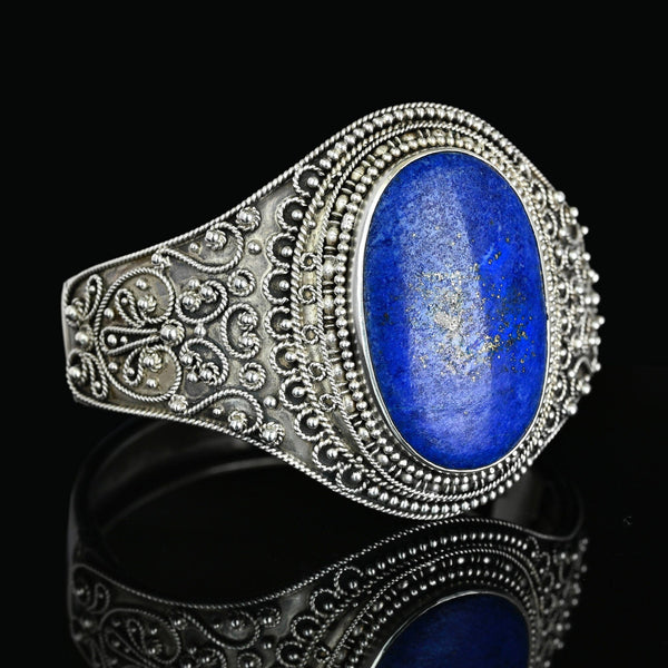 Antique Silver Wide Etruscan Canneille Lapis Lazuli Bracelet