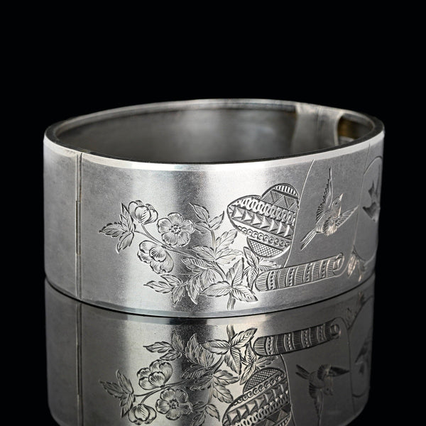Antique Victorian Swallow Engraved Silver Bangle Bracelet - Boylerpf