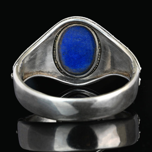 Antique Silver Wide Etruscan Canneille Lapis Lazuli Bracelet