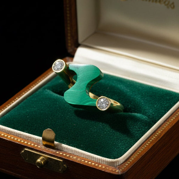 14K Gold Malachite Diamond Modernist Cocktail Ring