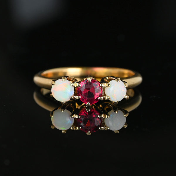 Antique JR Woods 14K Gold Three Stone Ruby Opal Ring - Boylerpf