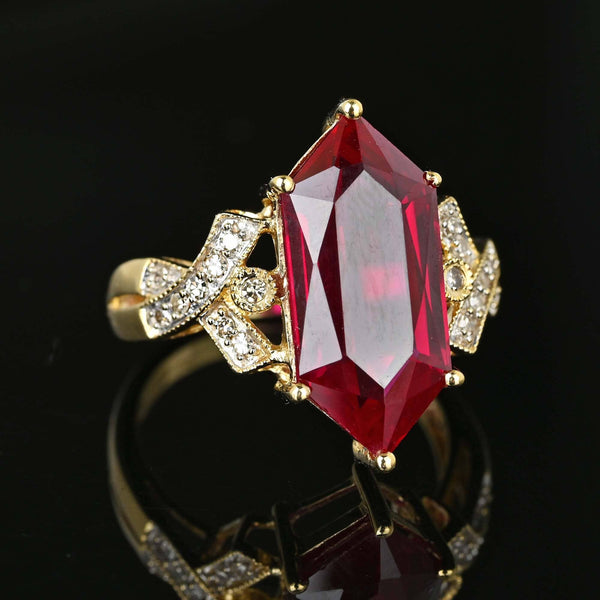 Vintage Fancy Cut Hexagon Ruby and Diamond Accent Ring - Boylerpf