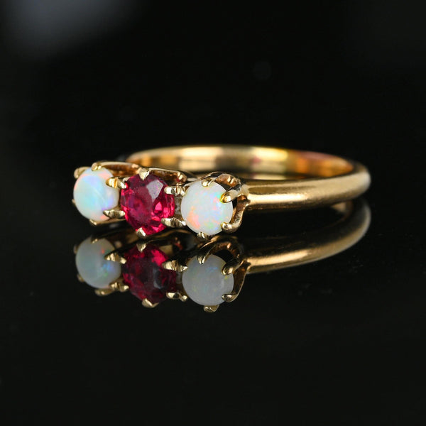 Antique JR Woods 14K Gold Three Stone Ruby Opal Ring - Boylerpf