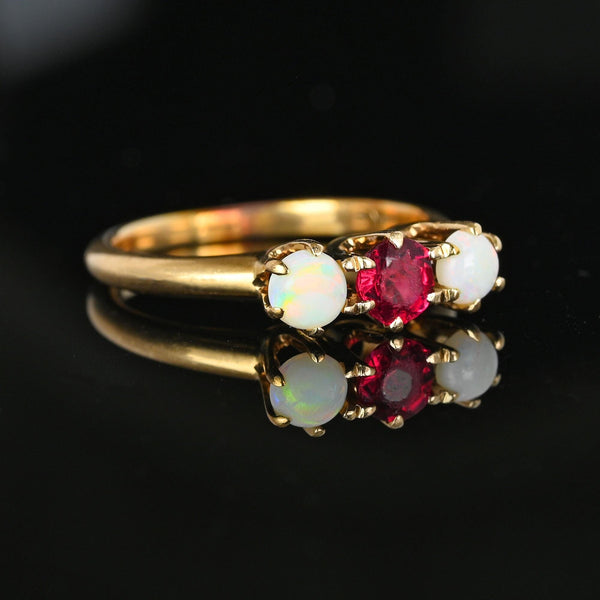 Antique JR Woods 14K Gold Three Stone Ruby Opal Ring - Boylerpf