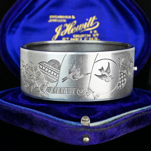 Antique Victorian Swallow Engraved Silver Bangle Bracelet - Boylerpf