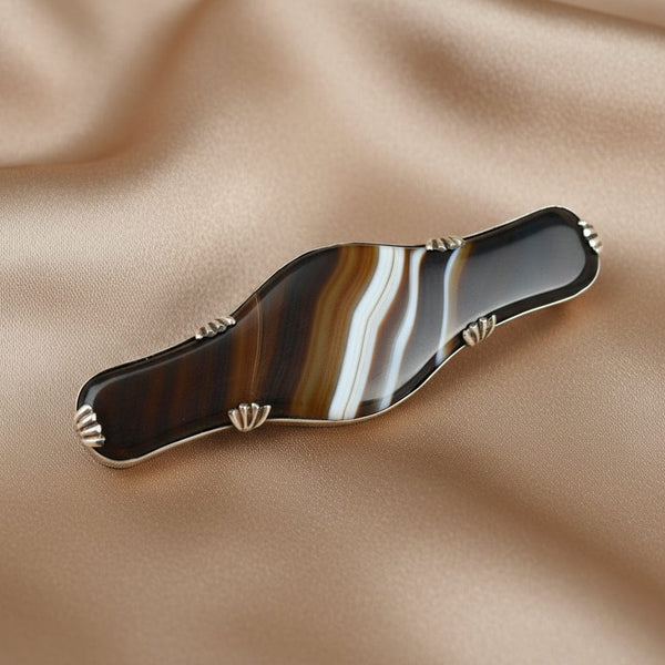 Antique Large Silver Scottish Banded Agate Brooch
