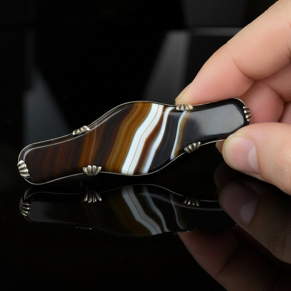 Antique Large Silver Scottish Banded Agate Brooch