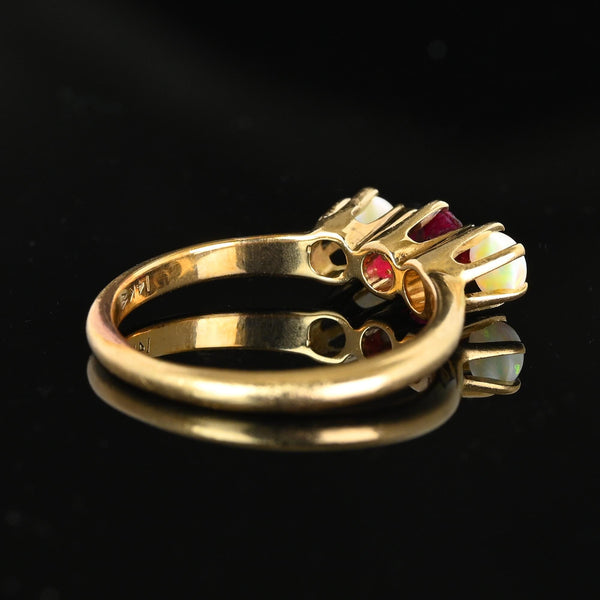 Antique JR Woods 14K Gold Three Stone Ruby Opal Ring - Boylerpf