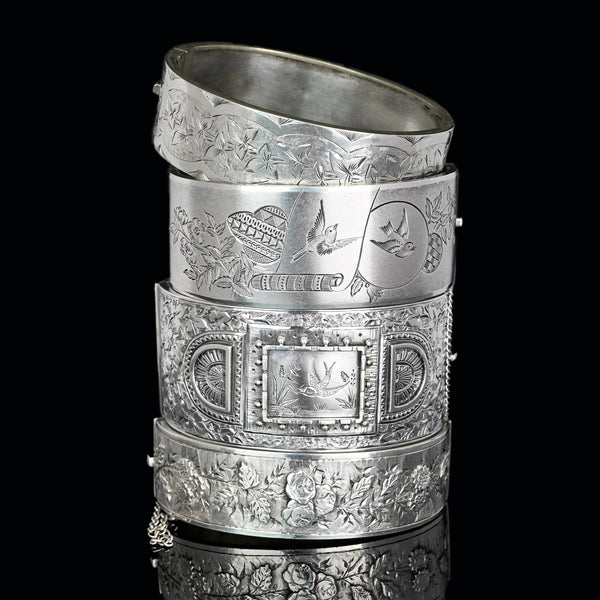 Antique Victorian Swallow Engraved Silver Bangle Bracelet - Boylerpf