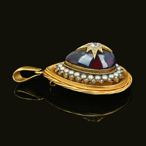 Antique 15K Gold Cabochon Garnet Pearl Halo Diamond Star Pendant - Boylerpf