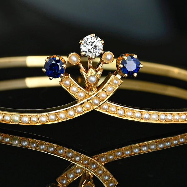 Antique Edwardian Diamond Sapphire Pearl 14K Gold Bangle