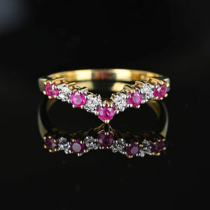 Vintage Gold Diamond & Ruby Chevron Wishbone Ring - Boylerpf