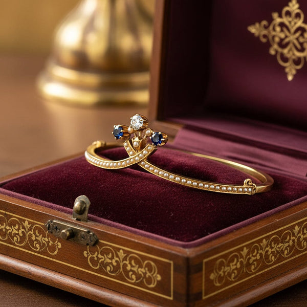 Antique Edwardian Diamond Sapphire Pearl 14K Gold Bangle
