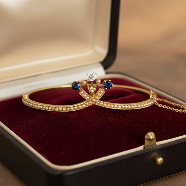 Antique Edwardian Diamond Sapphire Pearl 14K Gold Bangle