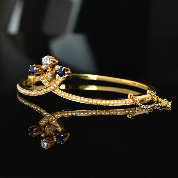 Antique Edwardian Diamond Sapphire Pearl 14K Gold Bangle