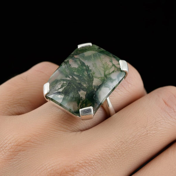 Vintage Silver Large Dendritic  Moss Agate Ring