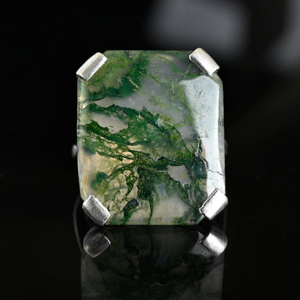 Vintage Silver Large Dendritic  Moss Agate Ring