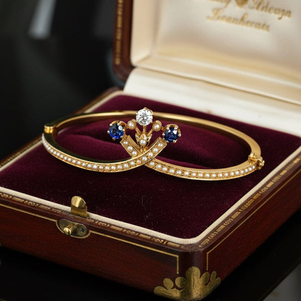 Antique Edwardian Diamond Sapphire Pearl 14K Gold Bangle