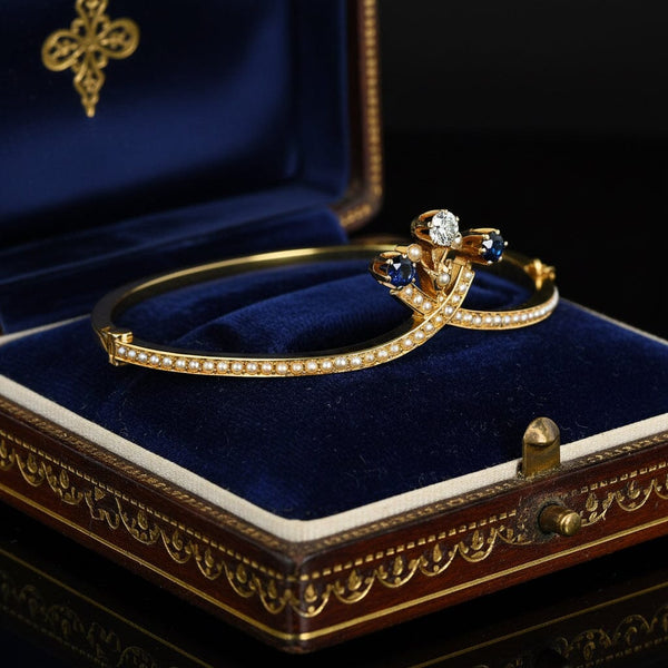 Antique Edwardian Diamond Sapphire Pearl 14K Gold Bangle