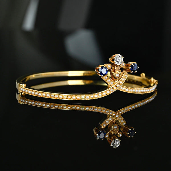 Antique Edwardian Diamond Sapphire Pearl 14K Gold Bangle