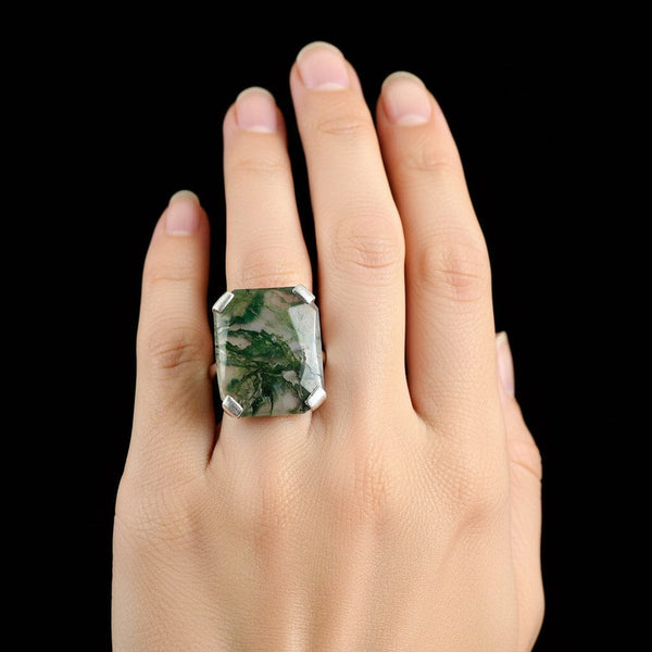 Vintage Silver Large Dendritic  Moss Agate Ring