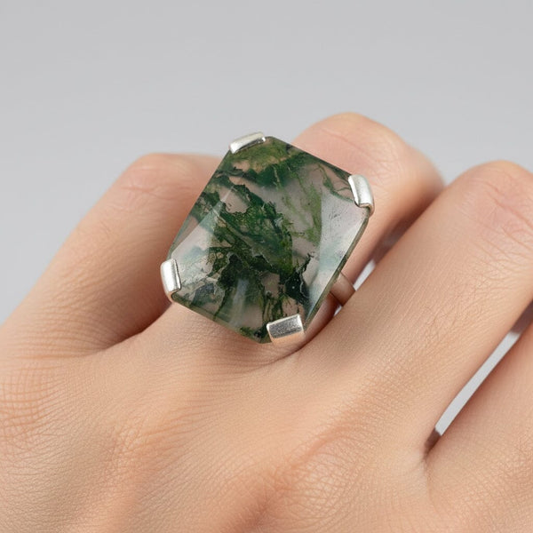 Vintage Silver Large Dendritic  Moss Agate Ring