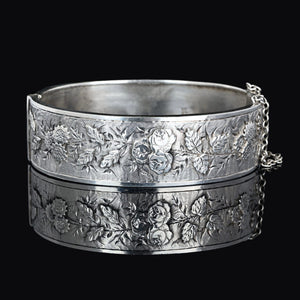 Antique Victorian Floral Engraved Silver Bracelet Bangle - Boylerpf