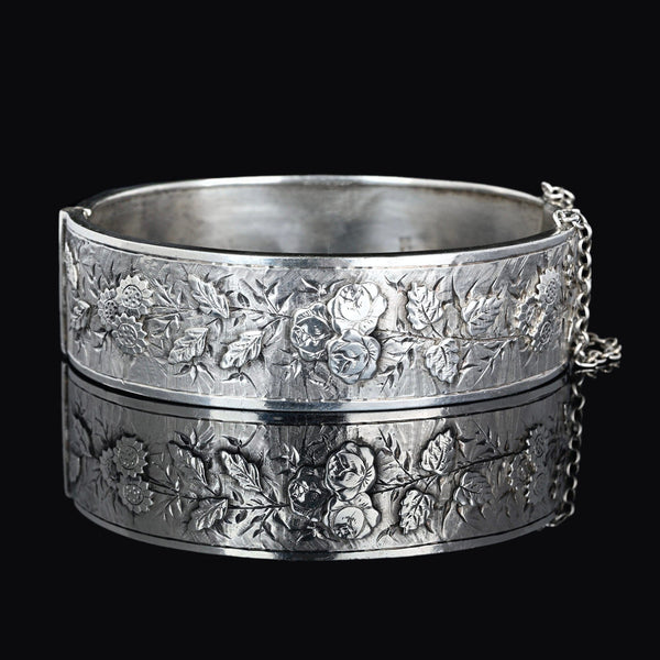 Antique Victorian Floral Engraved Silver Bracelet Bangle - Boylerpf