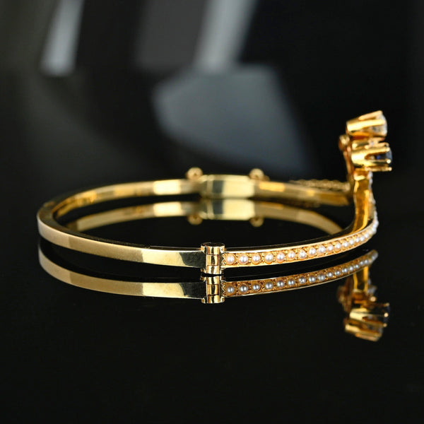 Antique Edwardian Diamond Sapphire Pearl 14K Gold Bangle