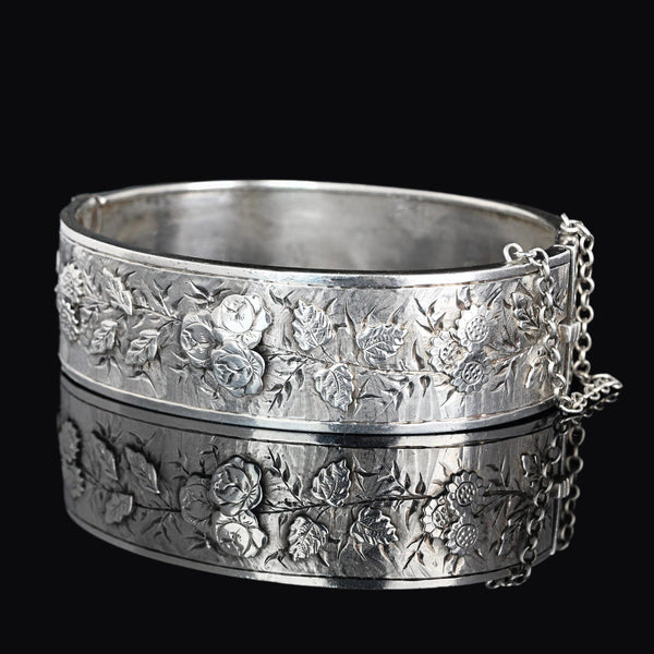 Antique Victorian Floral Engraved Silver Bracelet Bangle - Boylerpf