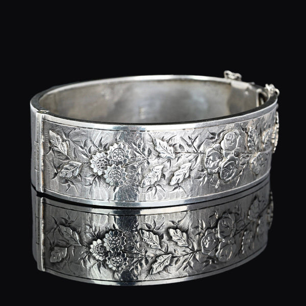Antique Victorian Floral Engraved Silver Bracelet Bangle - Boylerpf
