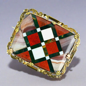 Antique 10K Gold Pietra Dura Scottish Agate Brooch - Boylerpf