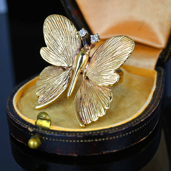 Impressive Diamond Textured 14K Gold Butterfly Ring - Boylerpf