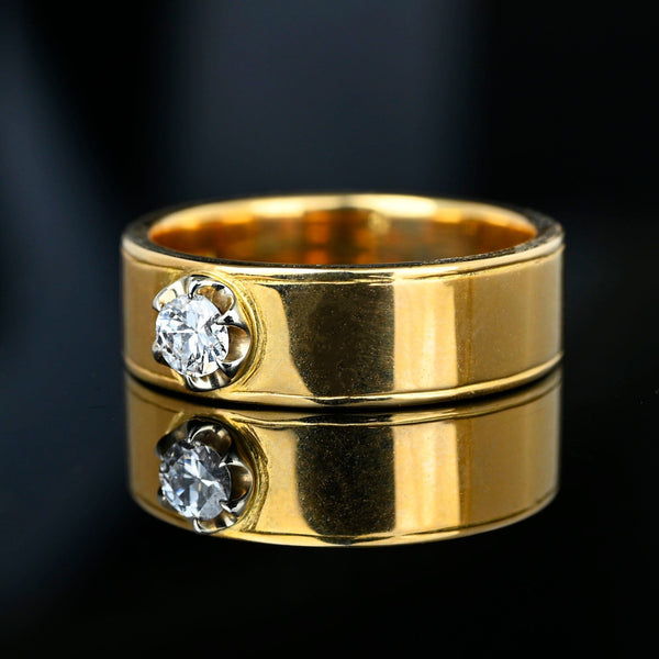 Wide 18K Gold Band Diamond Solitaire Ring - Boylerpf