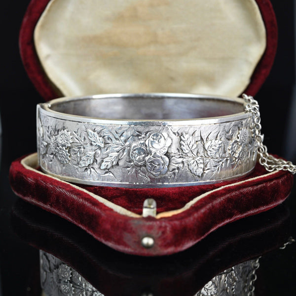 Antique Victorian Floral Engraved Silver Bracelet Bangle - Boylerpf