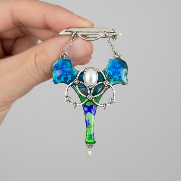 Antique Art Nouveau Enamel Pearl Brooch Sterling Silver