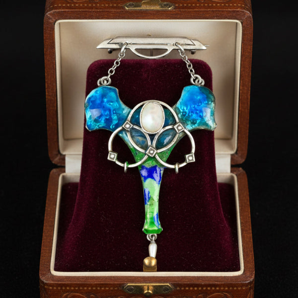 Antique Art Nouveau Enamel Pearl Brooch Sterling Silver