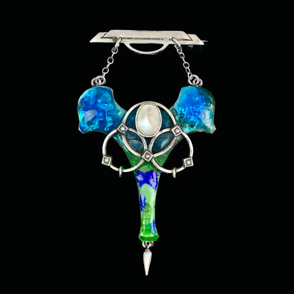 Antique Art Nouveau Enamel Pearl Brooch Sterling Silver