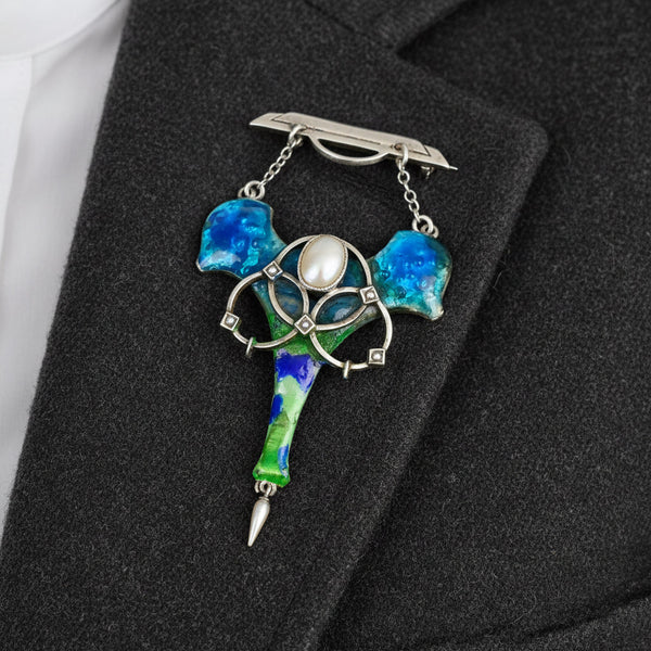 Antique Art Nouveau Enamel Pearl Brooch Sterling Silver